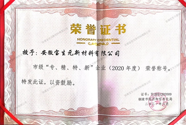 “专、精、特、新”企业荣誉证书